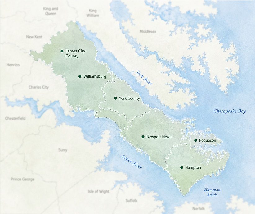 Map of the Virginia Peninsula showing Williamsburg, York County, Newport News, Hampton and Poquoson