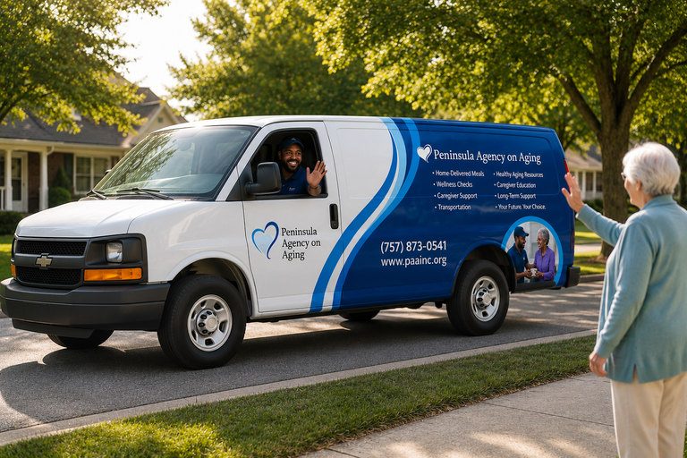 A Peninsula Agency on Aging van delivering meals in a neighborhood